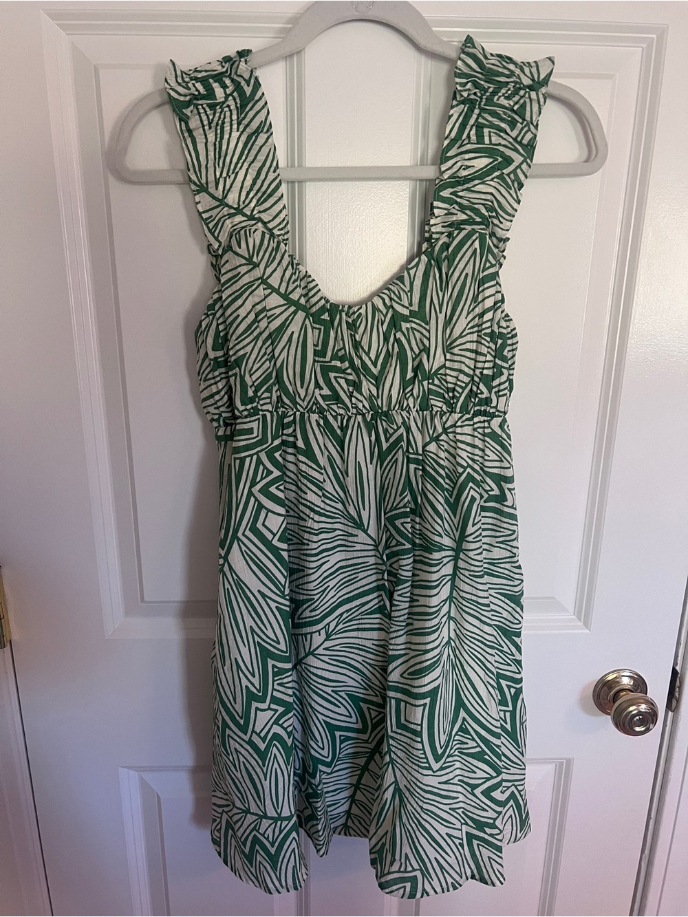 Blu Pepper Green and White Leaf Printed Ruffle Strap Dress